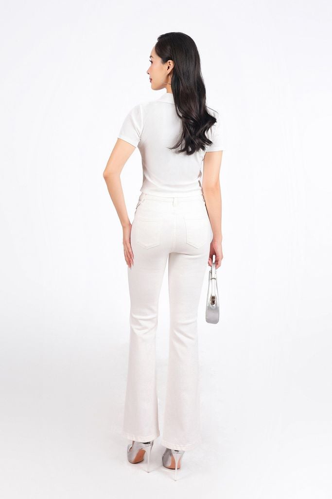 FAT1456 - Áo thun vải len dáng croptop cổ xẻ V tay cộc thân áo phối viền xích thời trang - PANTIO
