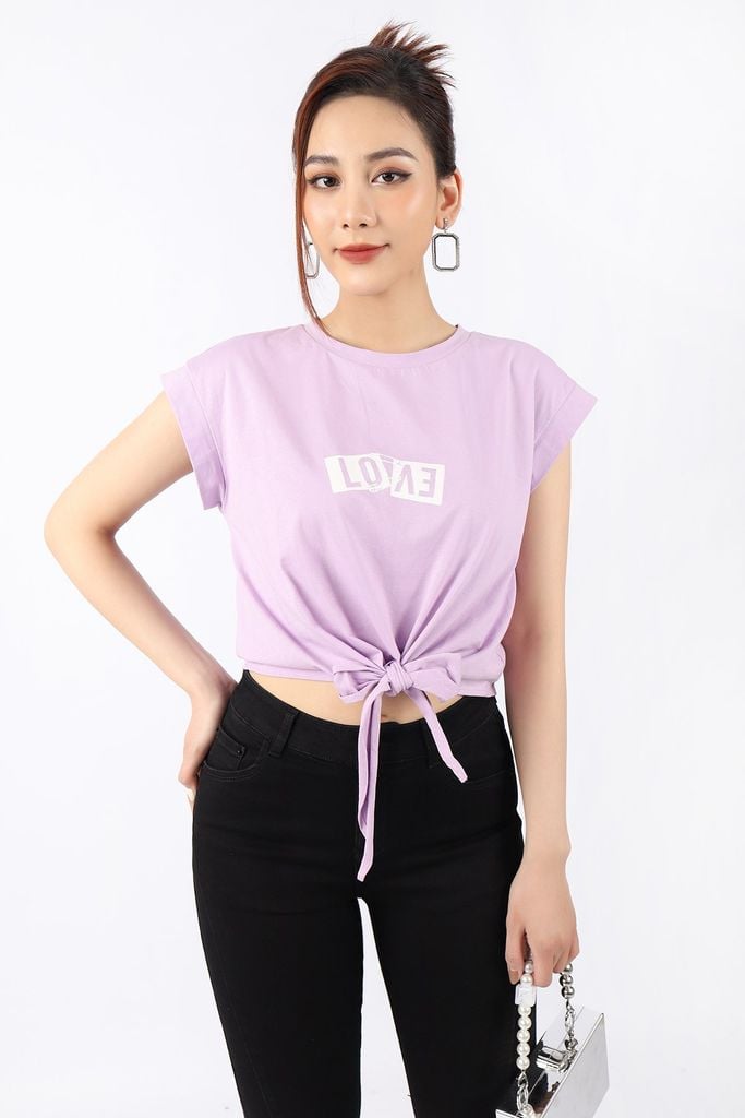 FAT3213 - Áo thun dạo phố vải cotton dáng suông vai chờm thân trước in hình buộc nơ - Pantio.vn