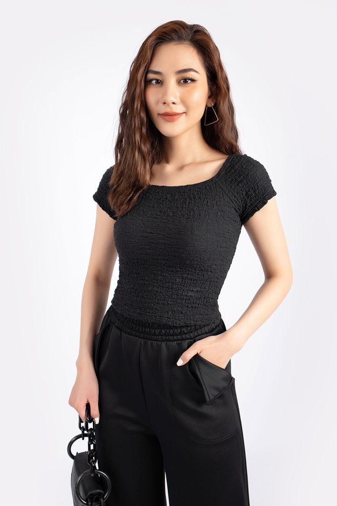 FAT3295 - Áo thun dạo phố vải thô chun co dãn dáng croptop cổ vuông tay ngắn - PANTIO