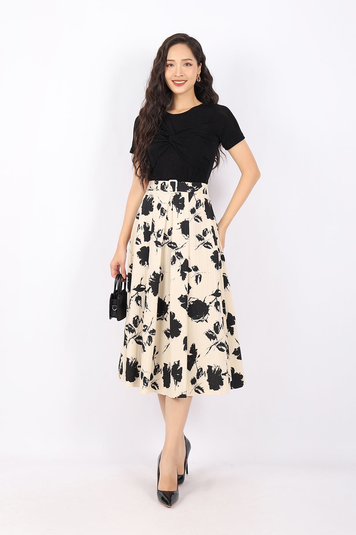 FJD51071 - Chân váy công sở vải thô dáng Xoè cạp phối đai thắt lưng trang trí khóa thân sau - PANTIO