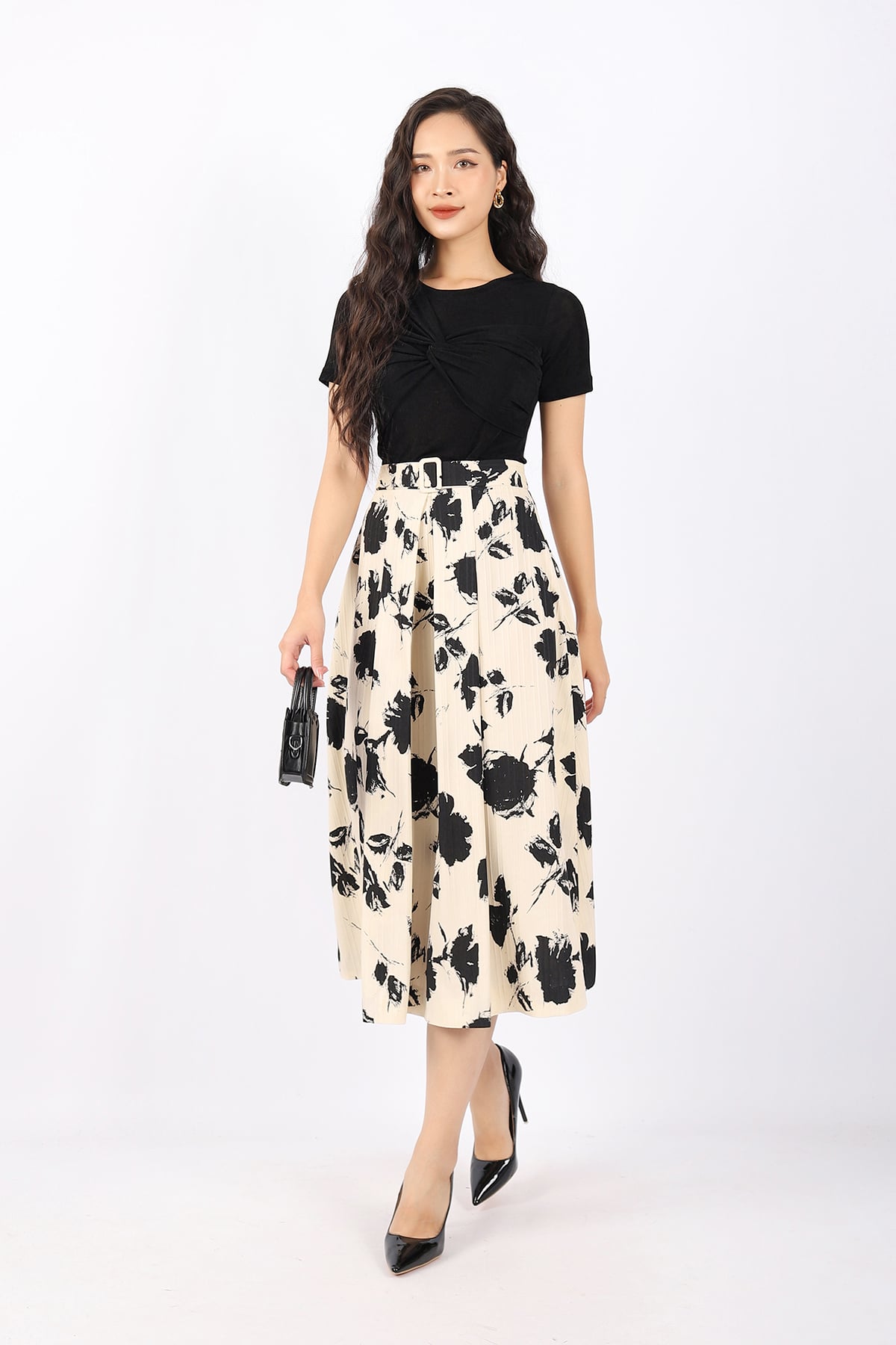 FJD51071 - Chân váy công sở vải thô dáng Xoè cạp phối đai thắt lưng trang trí khóa thân sau - PANTIO