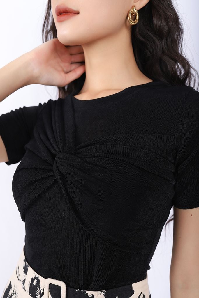 FAT3307 - Áo thun dạo phố vải len dáng croptop cổ tròn thân ngực vặn xoắn tạo kiểu - PANTIO