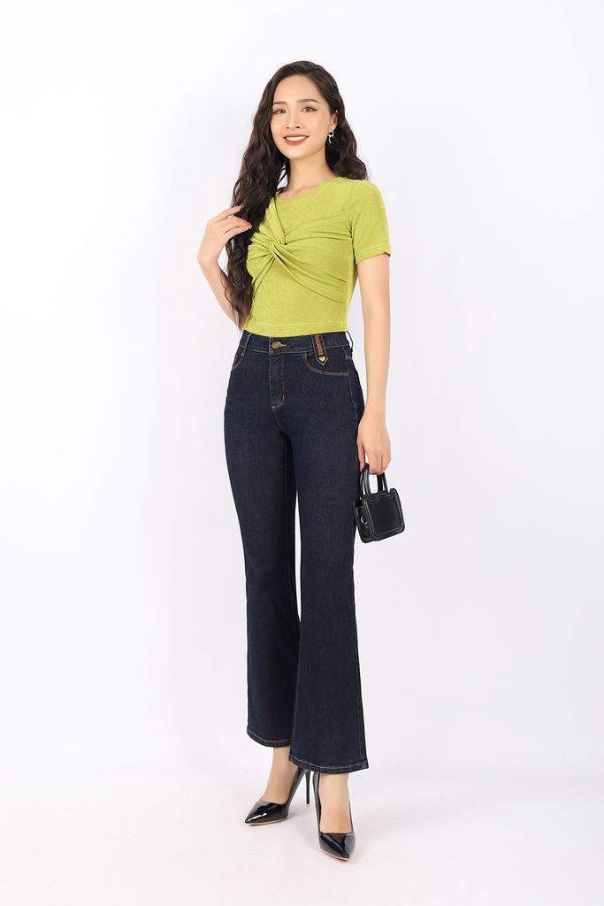 FAT3307 - Áo thun dạo phố vải len dáng croptop cổ tròn thân ngực vặn xoắn tạo kiểu - PANTIO