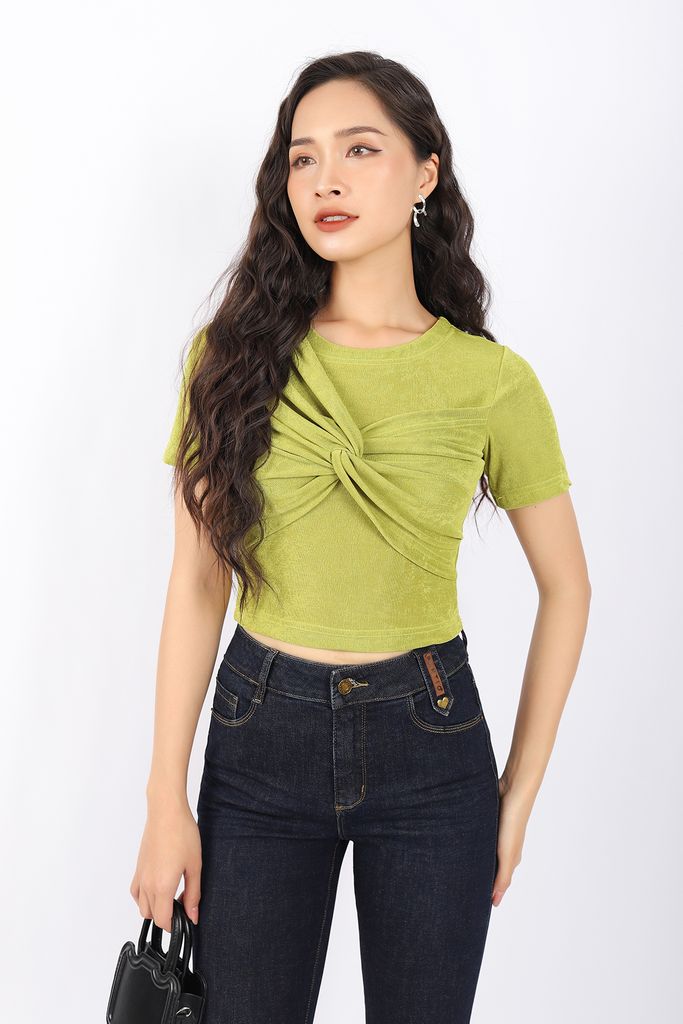 FAT3307 - Áo thun dạo phố vải len dáng croptop cổ tròn thân ngực vặn xoắn tạo kiểu - PANTIO