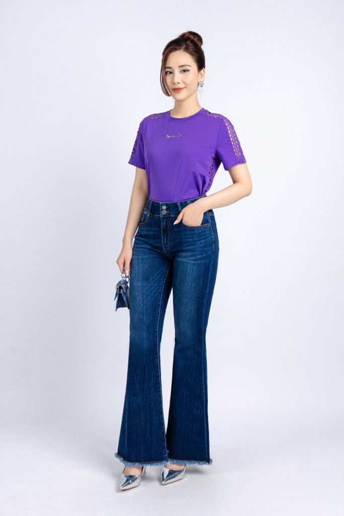 FAT3355 - Áo thun dạo phố vải cotton dáng suông cổ tròn tay phối ren tạo kiểu thân đính tag chữ kim loại trang trí - PANTIO