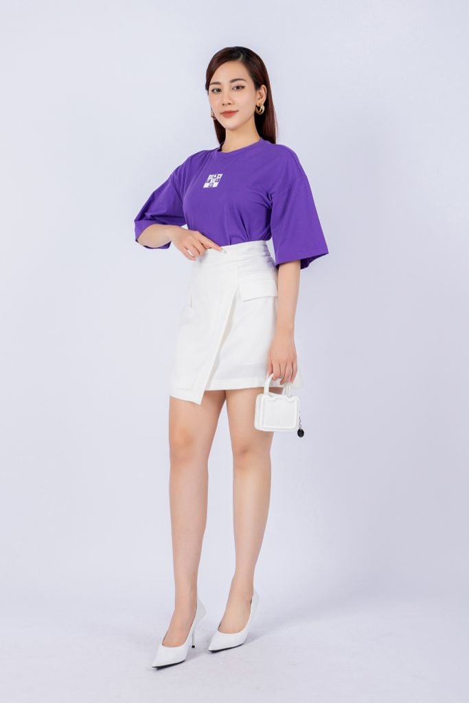 FAT3357 - Áo thun dạo phố vải cotton dáng croptop suông rộng cổ tròn tay lỡ thân ngực phối hình in trang trí - PANTIO