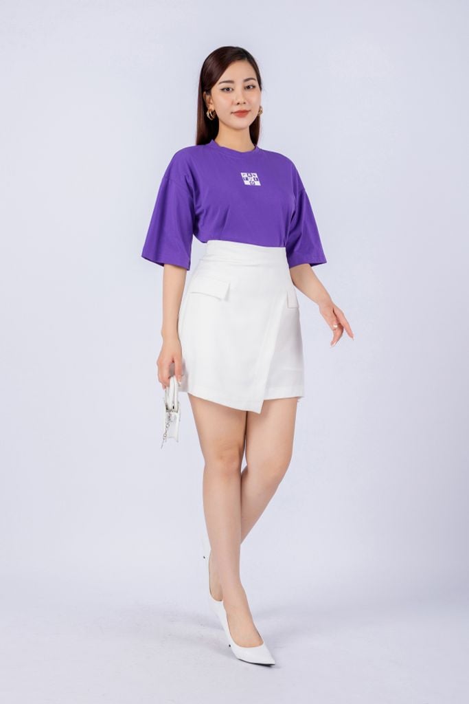 FAT3357 - Áo thun dạo phố vải cotton dáng croptop suông rộng cổ tròn tay lỡ thân ngực phối hình in trang trí - PANTIO