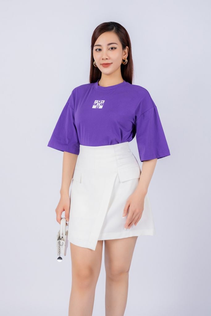 FAT3357 - Áo thun dạo phố vải cotton dáng croptop suông rộng cổ tròn tay lỡ thân ngực phối hình in trang trí - PANTIO