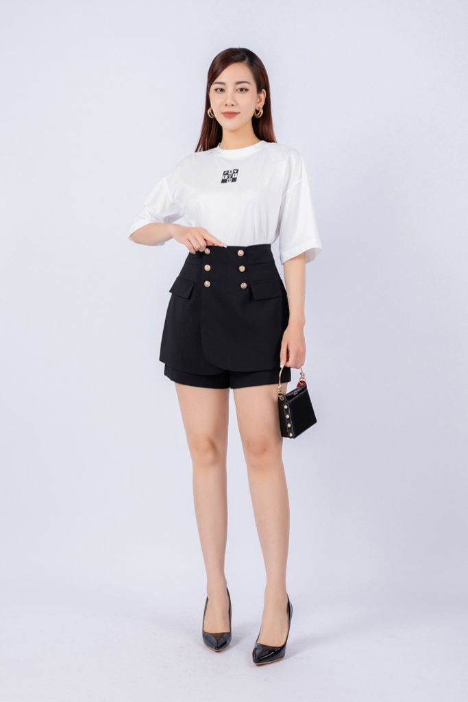 FAT3357 - Áo thun dạo phố vải cotton dáng croptop suông rộng cổ tròn tay lỡ thân ngực phối hình in trang trí - PANTIO