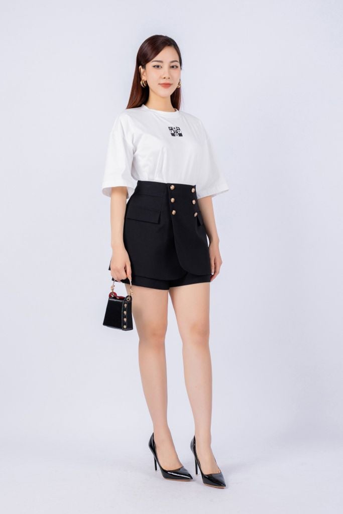 FAT3357 - Áo thun dạo phố vải cotton dáng croptop suông rộng cổ tròn tay lỡ thân ngực phối hình in trang trí - PANTIO