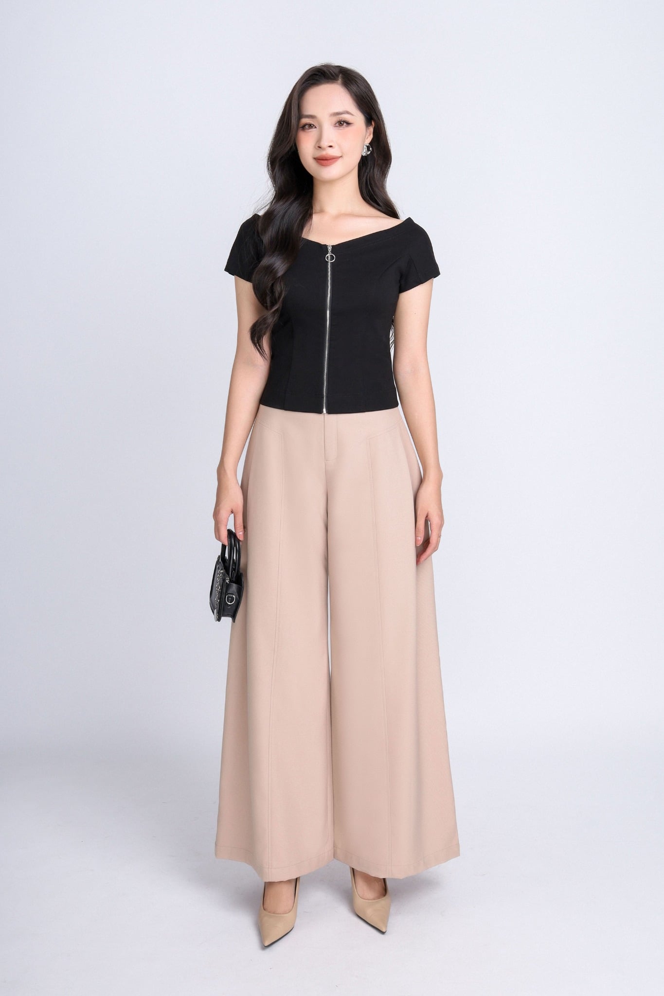 FQD51097 - Quần công sở vải tuytsi dáng suông ống rộng phối ly bong bên hông tạo kiểu - PANTIO