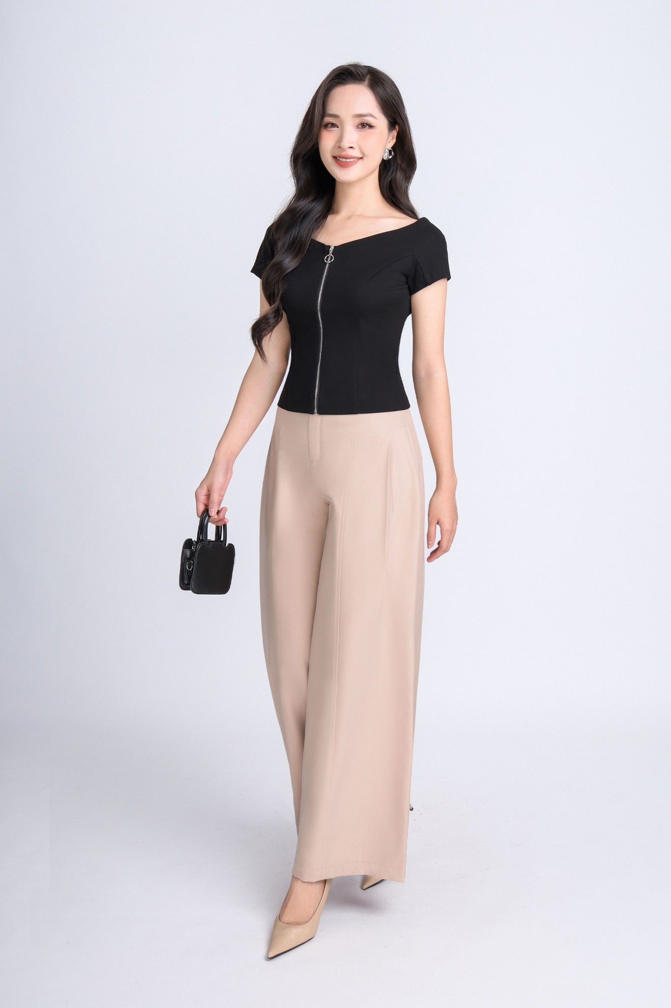 FQD51097 - Quần công sở vải tuytsi dáng suông ống rộng phối ly bong bên hông tạo kiểu - PANTIO