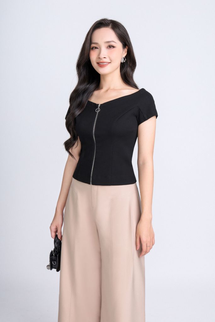 FQD51097 - Quần công sở vải tuytsi dáng suông ống rộng phối ly bong bên hông tạo kiểu - PANTIO
