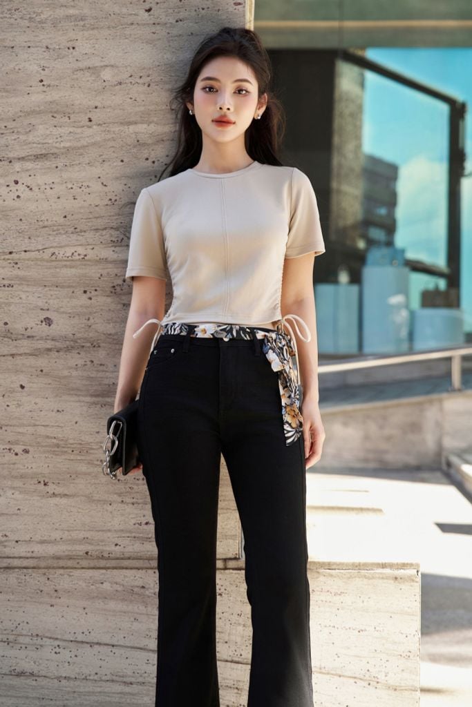 FAT3367 - Áo thun dạo phố vải cotton dáng croptop cổ tròn sườn phối dây rút nhún tạo kiểu - PANTIO