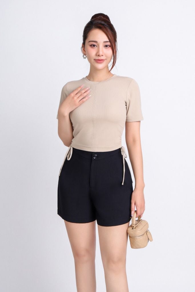 FAT3367 - Áo thun dạo phố vải cotton dáng croptop cổ tròn sườn phối dây rút nhún tạo kiểu - PANTIO