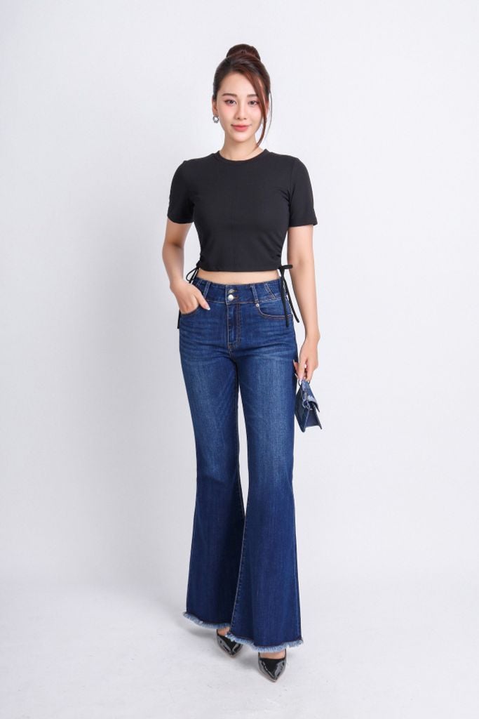 FQB168 - Quần jean cao cấp vải denim dáng loe ống vẩy gấu rút tua rua tạo kiểu - PANTIO