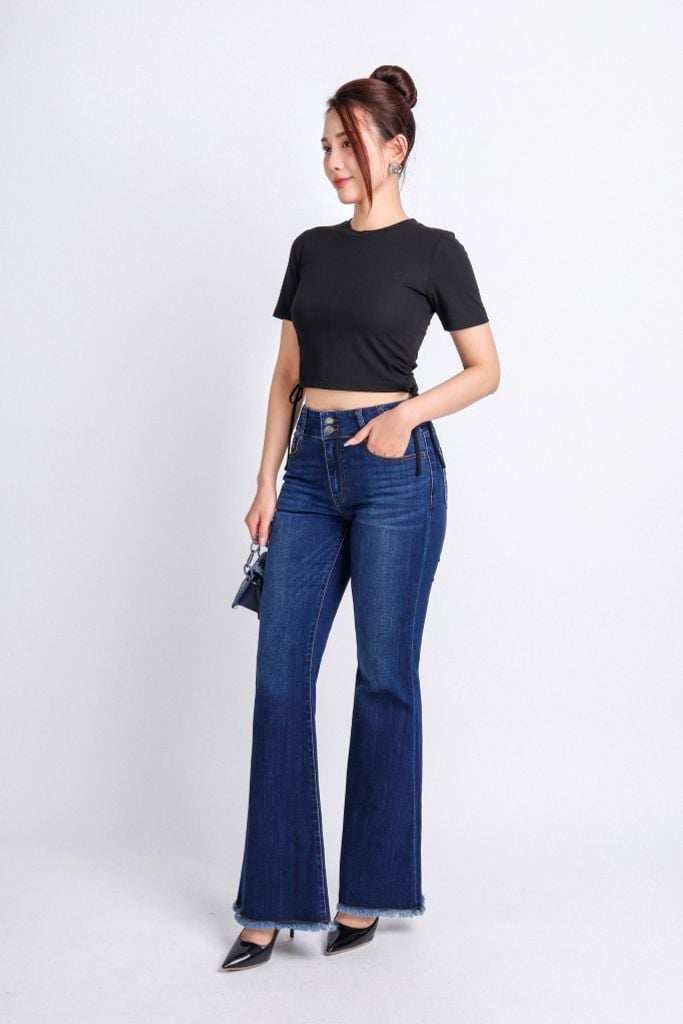FQB168 - Quần jean cao cấp vải denim dáng loe ống vẩy gấu rút tua rua tạo kiểu - PANTIO