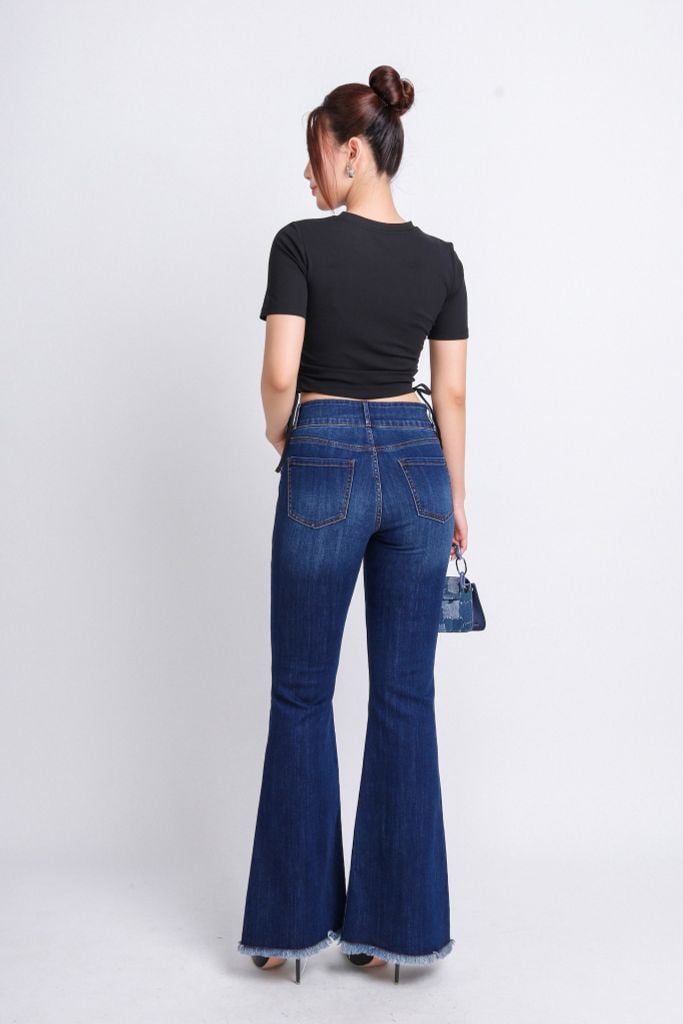 FQB168 - Quần jean cao cấp vải denim dáng loe ống vẩy gấu rút tua rua tạo kiểu - PANTIO