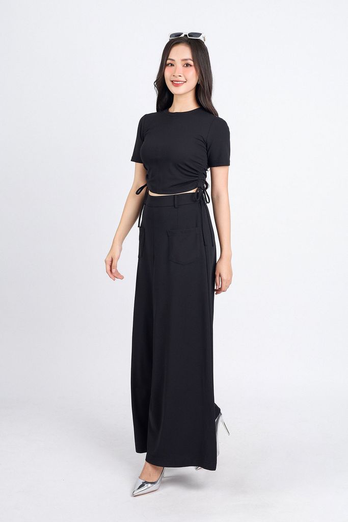 FQD31111 - Quần công sở vải cotton dáng suông ống rộng hoạ tiết túi thân trước cạp chun thân sau- PANTIO