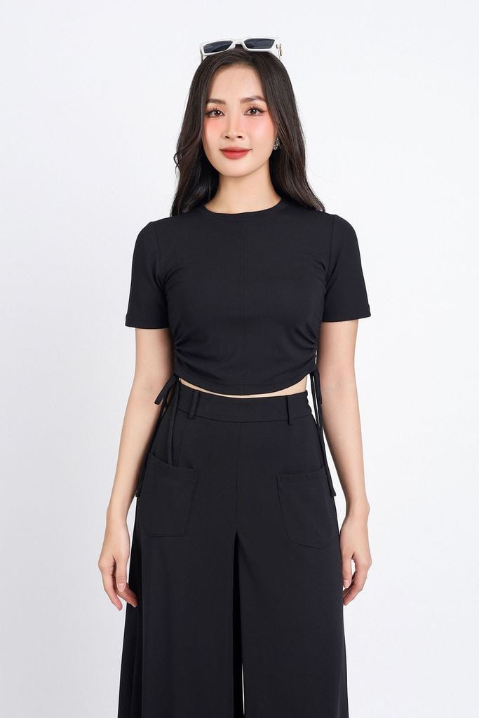 FQD31111 - Quần công sở vải cotton dáng suông ống rộng hoạ tiết túi thân trước cạp chun thân sau- PANTIO