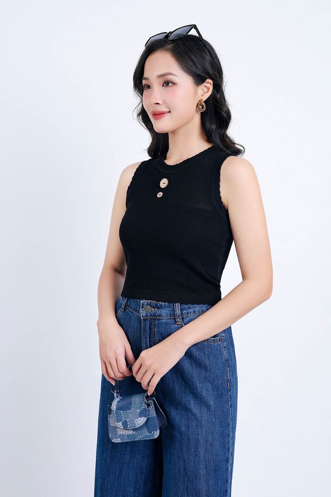 FAT3376 - Áo len cao cấp dáng ôm cổ tròn không tay cổ áo đính khuy trang trí - PANTIO
