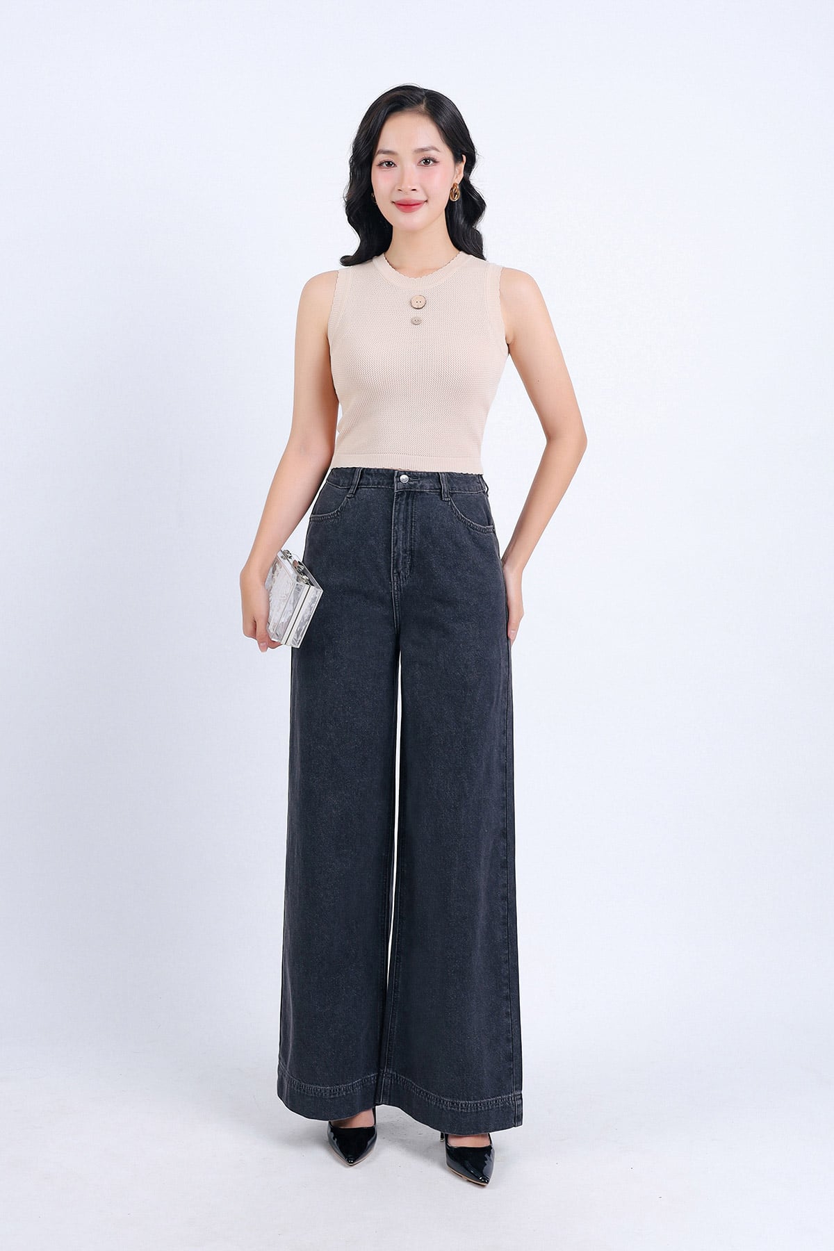 FAT3376 - Áo len cao cấp dáng ôm cổ tròn không tay cổ áo đính khuy trang trí - PANTIO