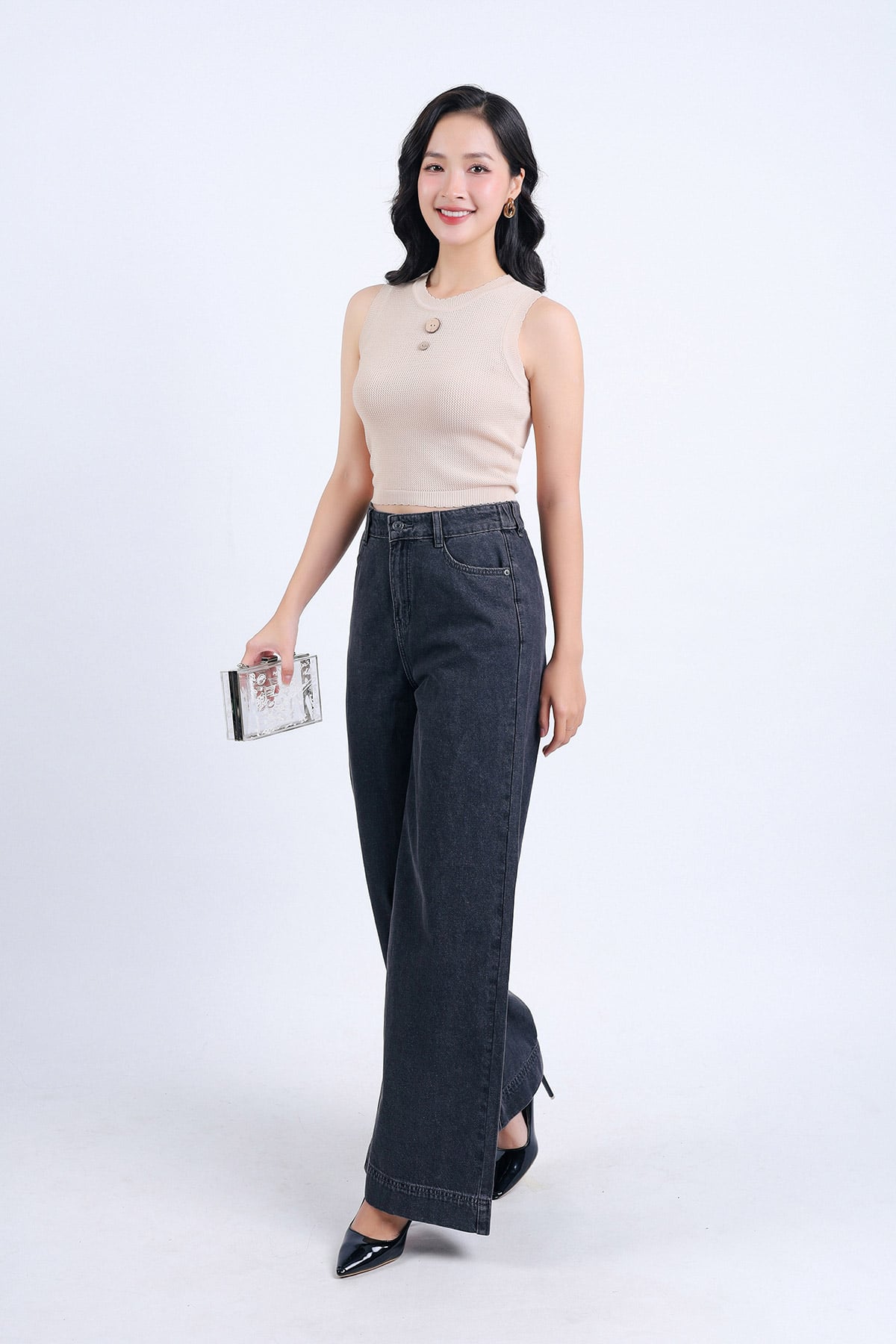 FAT3376 - Áo len cao cấp dáng ôm cổ tròn không tay cổ áo đính khuy trang trí - PANTIO