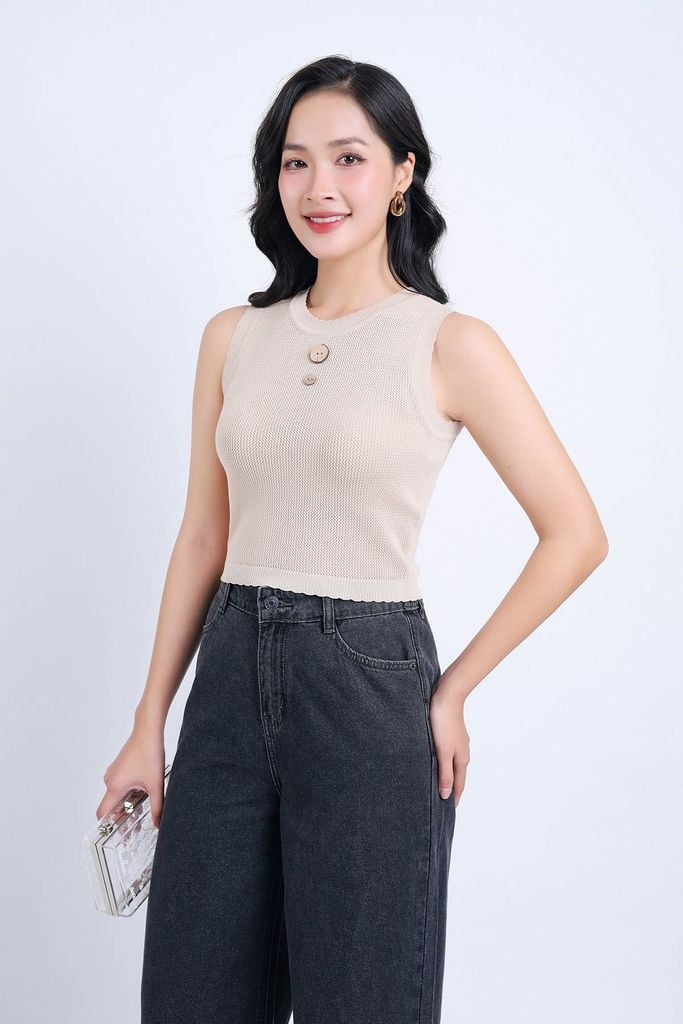 FAT3376 - Áo len cao cấp dáng ôm cổ tròn không tay cổ áo đính khuy trang trí - PANTIO