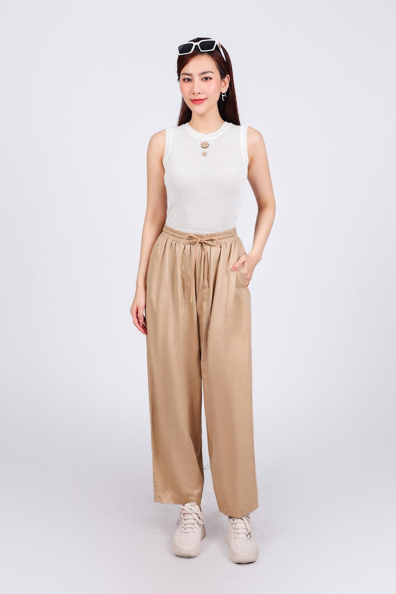 FQD51151 - Quần dài dạo phố vải kaki dáng bomber cạp chun co giãn phối dây nơ tạo kiểu - PANTIO