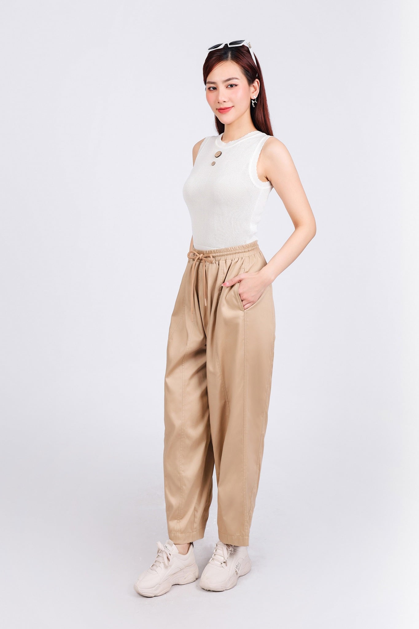 FQD51151 - Quần dài dạo phố vải kaki dáng bomber cạp chun co giãn phối dây nơ tạo kiểu - PANTIO