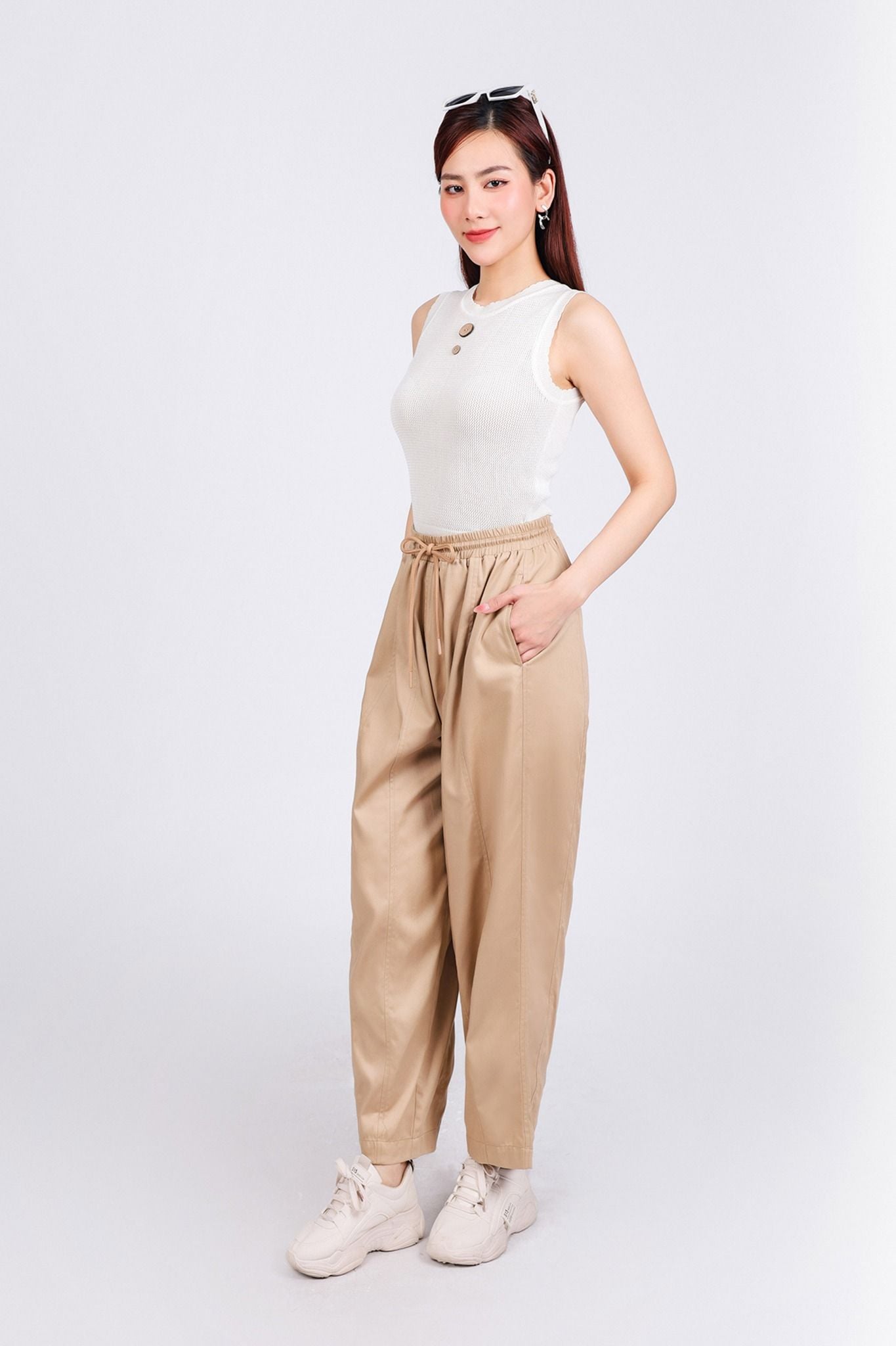 FQD51151 - Quần dài dạo phố vải kaki dáng bomber cạp chun co giãn phối dây nơ tạo kiểu - PANTIO