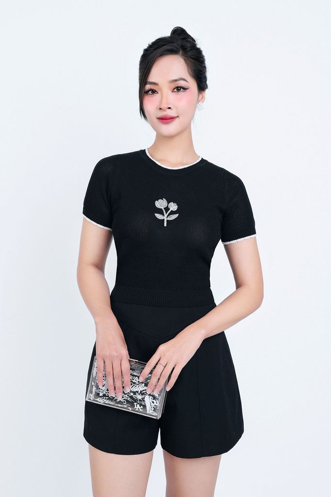 FAT3378 - Áo thun dệt kim thời trang cao cấp dáng ôm cổ tròn họa tiết thêu trước ngực - PANTIO