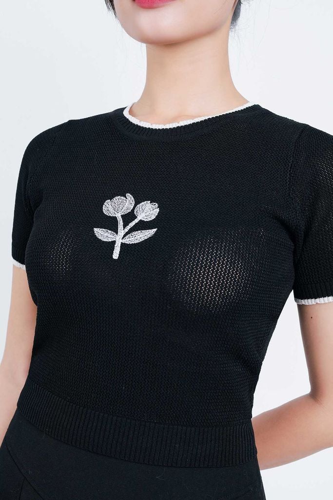 FAT3378 - Áo thun dệt kim thời trang cao cấp dáng ôm cổ tròn họa tiết thêu trước ngực - PANTIO