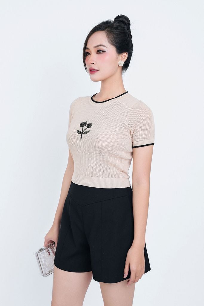 FAT3378 - Áo thun dệt kim thời trang cao cấp dáng ôm cổ tròn họa tiết thêu trước ngực - PANTIO