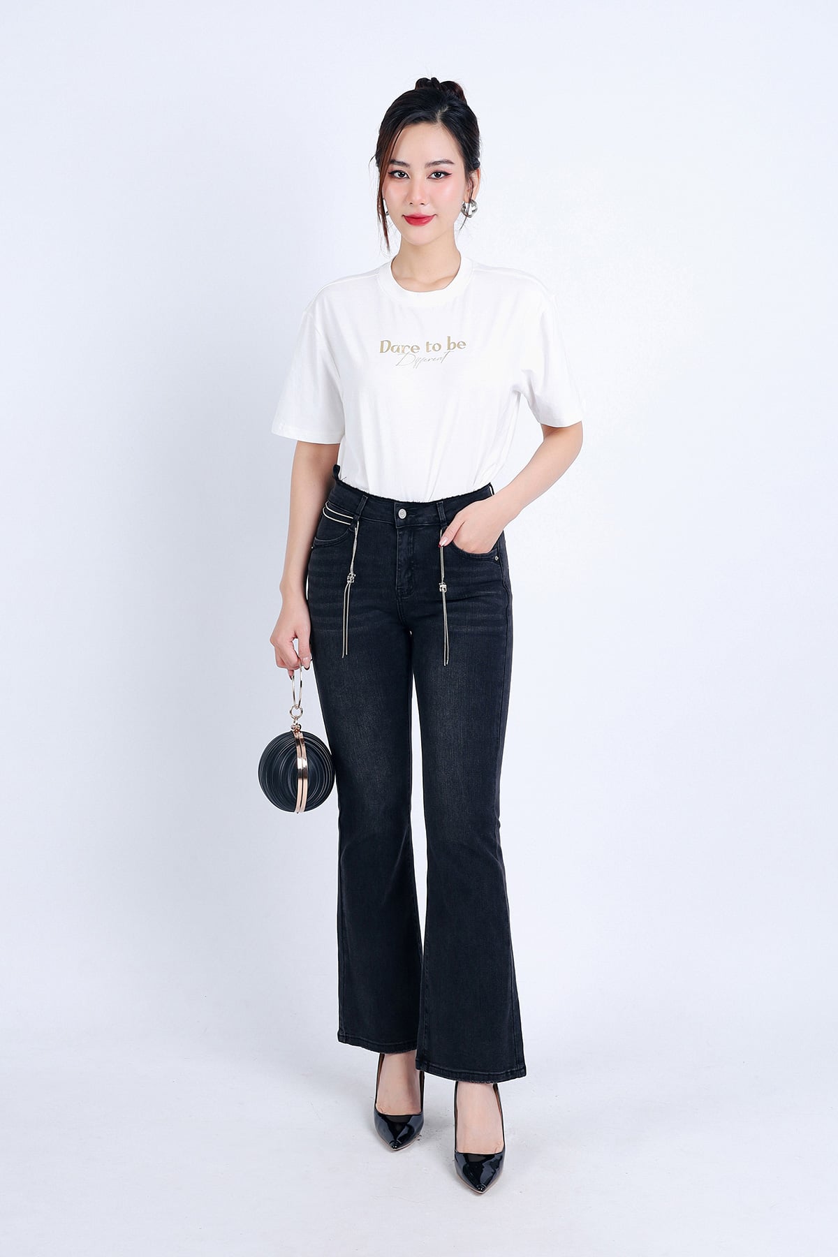 FQB160 - Quần Jean cao cấp vải Denim dáng loe ống vẩy kèm dây xích tạo kiểu - PANTIO