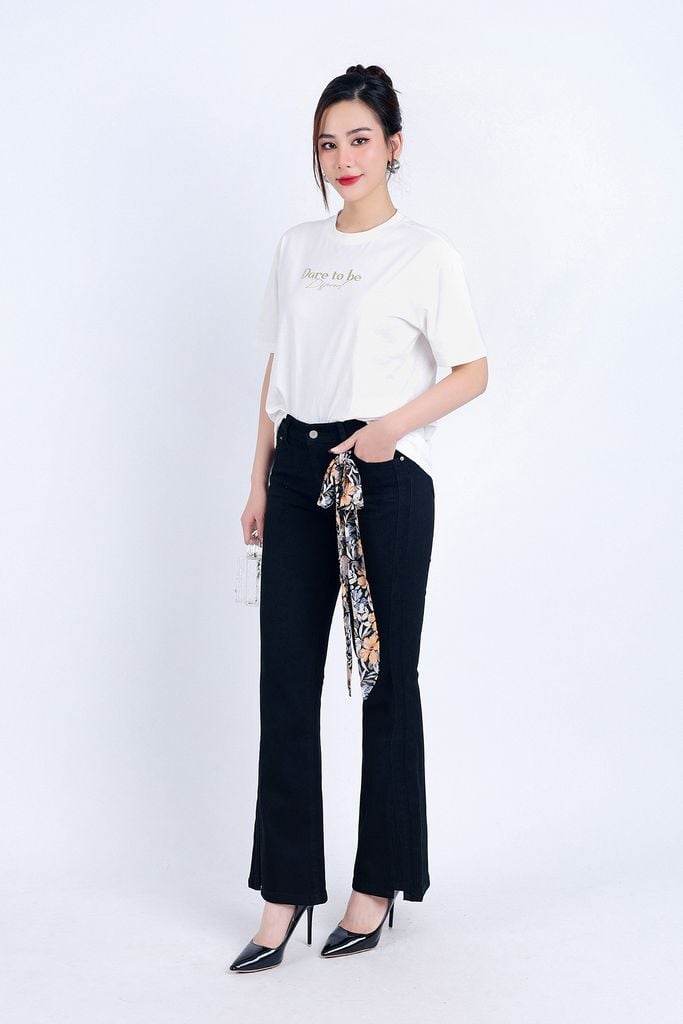 FQB174 - Quần Jean cao cấp vải Denim dáng loe ống vẩy kèm dây vải tạo kiểu - PANTIO