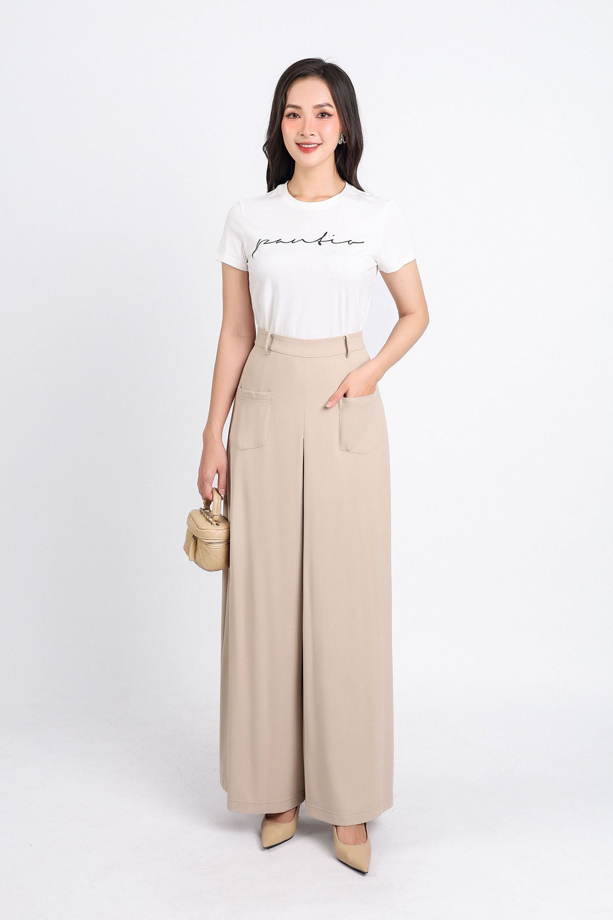 FQD31111 - Quần công sở vải cotton dáng suông ống rộng hoạ tiết túi thân trước cạp chun thân sau- PANTIO