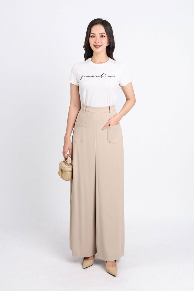 FQD31111 - Quần công sở vải cotton dáng suông ống rộng hoạ tiết túi thân trước cạp chun thân sau- PANTIO