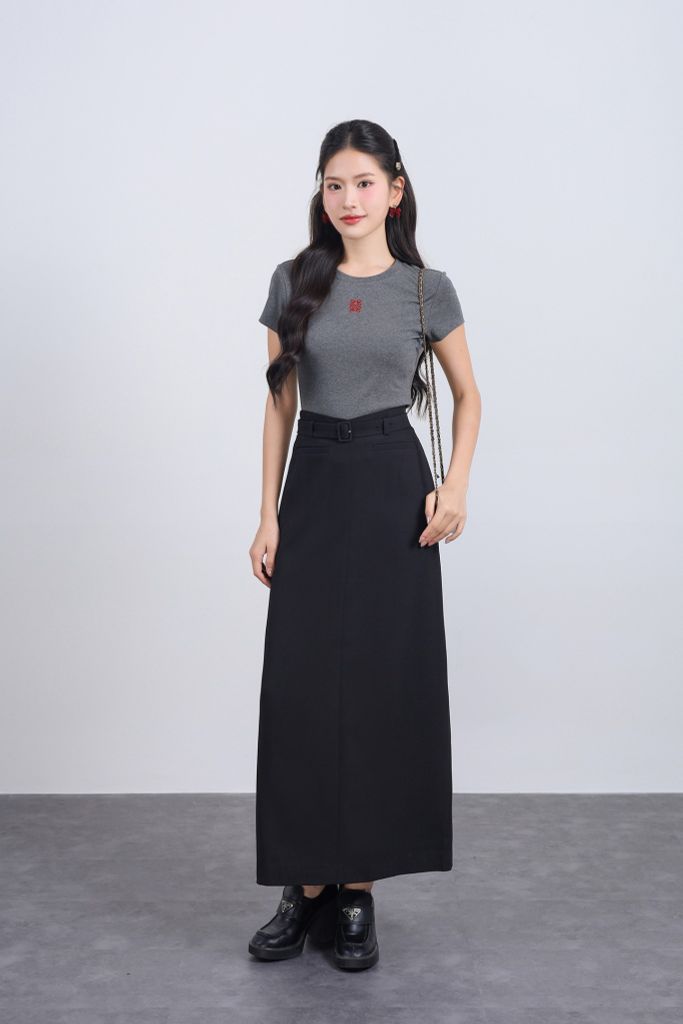 FJD51293 - Chân váy dài vải thô dáng suông cạp phối dây lưng tạo kiểu khoá thân sau - JAN.