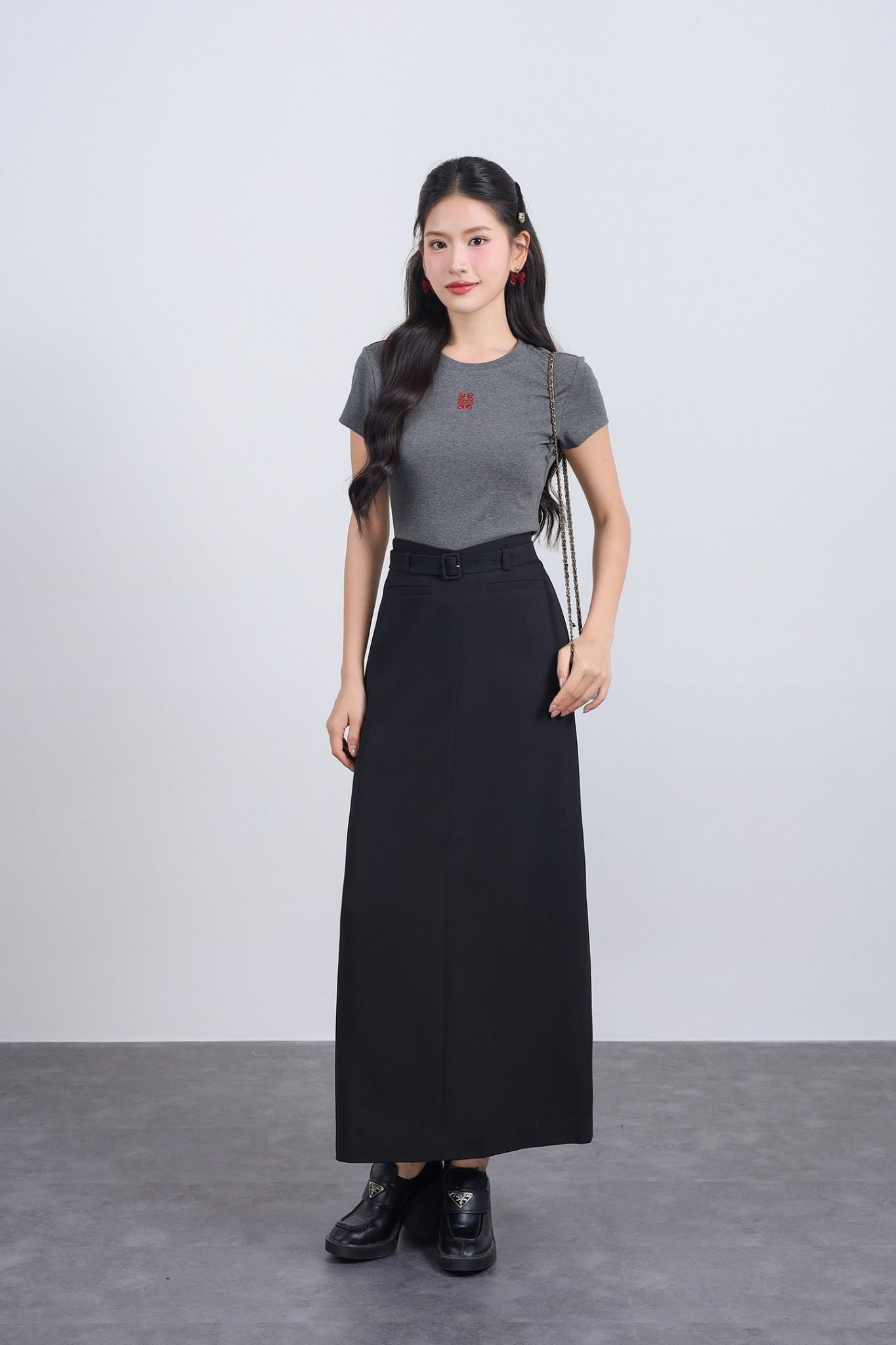 FJD51293 - Chân váy dài vải thô dáng suông cạp phối dây lưng tạo kiểu khoá thân sau - JAN.