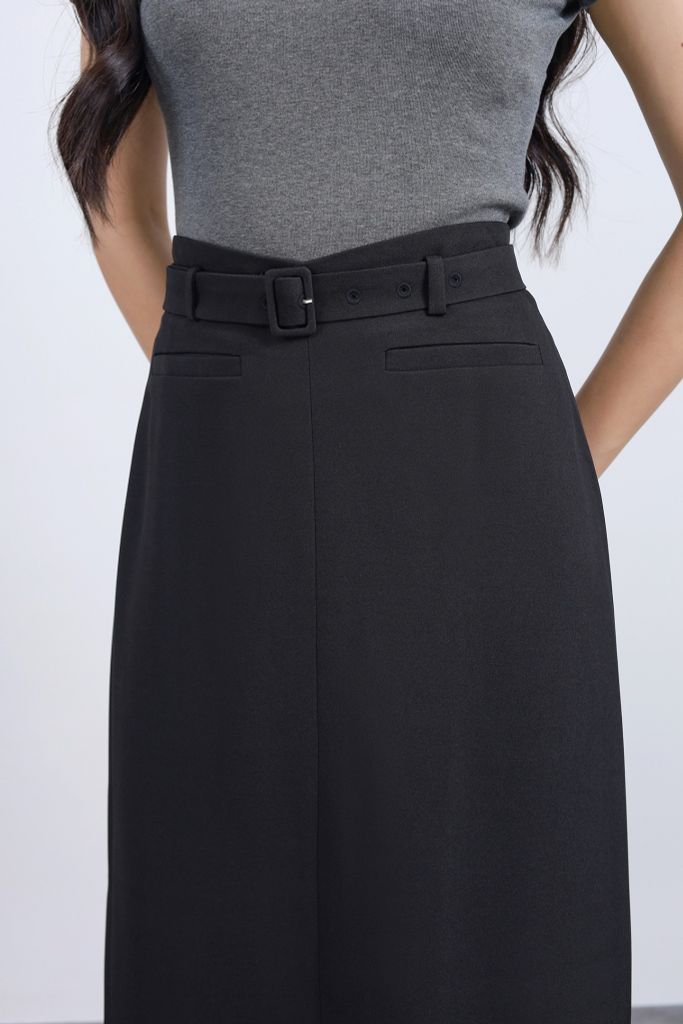 FJD51293 - Chân váy dài vải thô dáng suông cạp phối dây lưng tạo kiểu khoá thân sau - JAN.