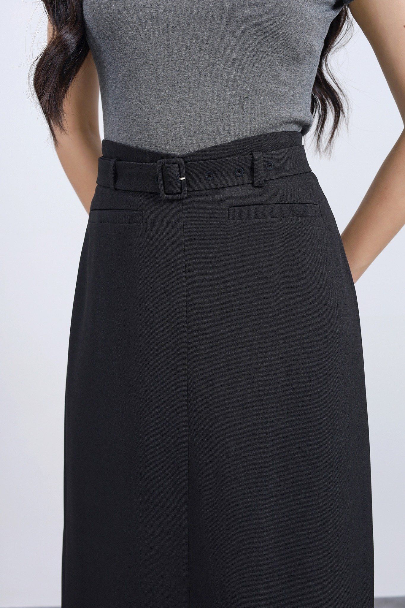 FJD51293 - Chân váy dài vải thô dáng suông cạp phối dây lưng tạo kiểu khoá thân sau - JAN.