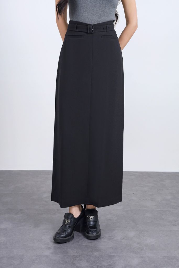 FJD51293 - Chân váy dài vải thô dáng suông cạp phối dây lưng tạo kiểu khoá thân sau - JAN.