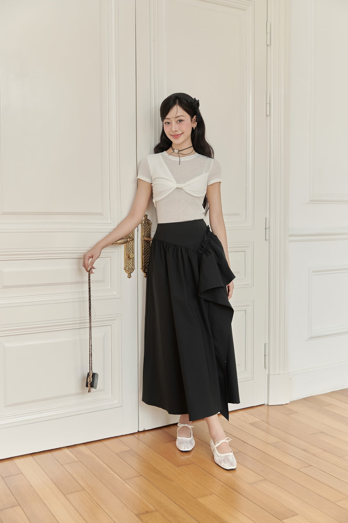 FJD31333 - Chân váy dài vải thô dáng A thân váy phối vạt tạo kiểu khoá thân sau - JAN.