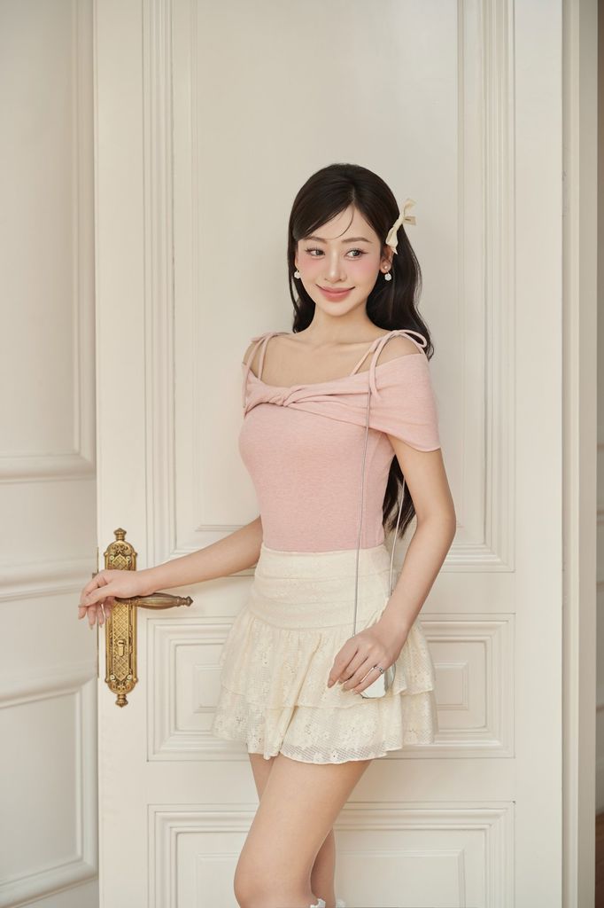 FAT3530 - Áo thun vải len cao cấp dáng ôm ngực xoắn trễ vai phối dây nơ thời trang - JAN.