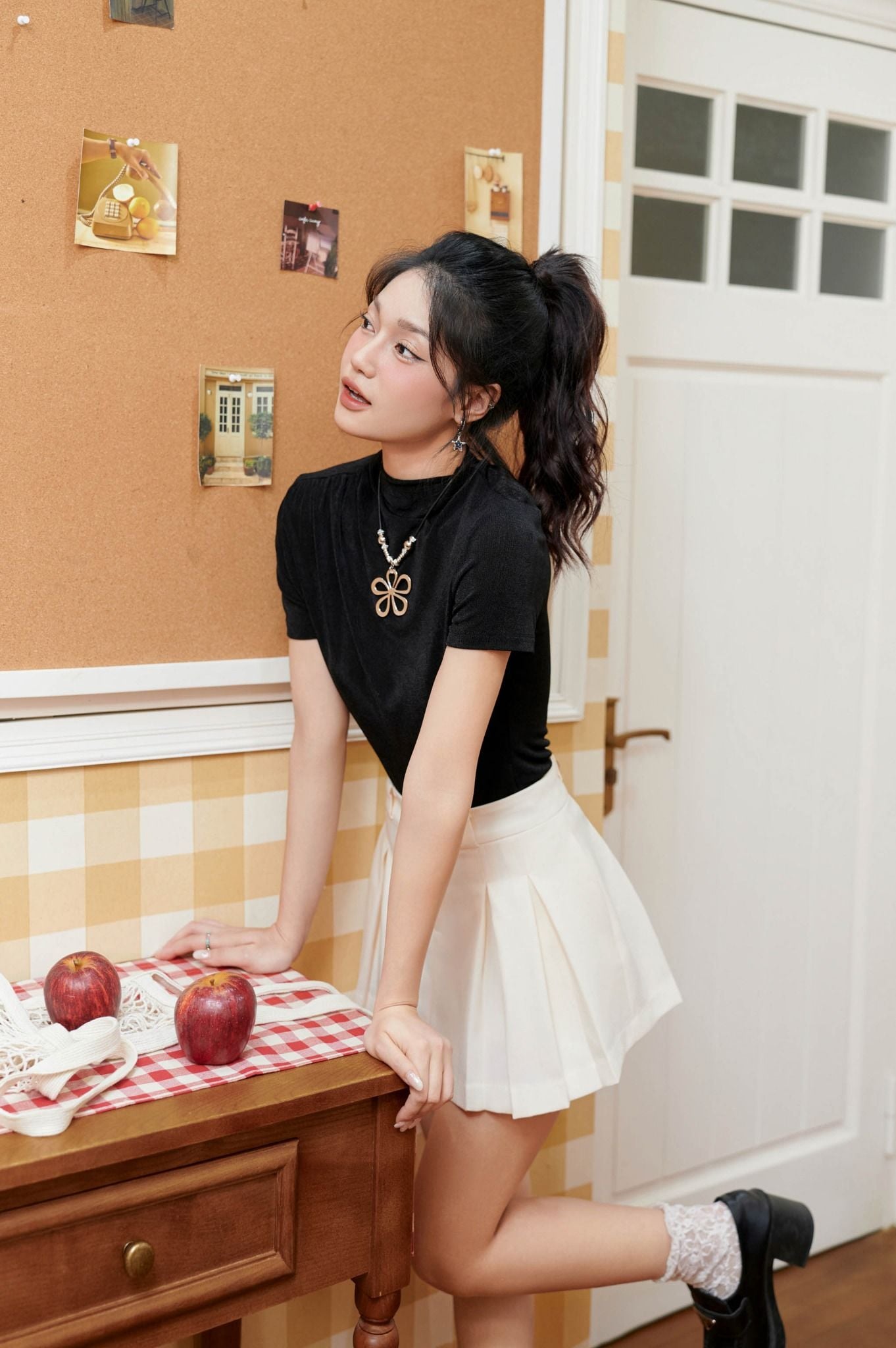 FAT3742 - Áo thun cao cấp vải len co giãn dáng ôm cổ cao vai nhún tạo kiểu - JAN.