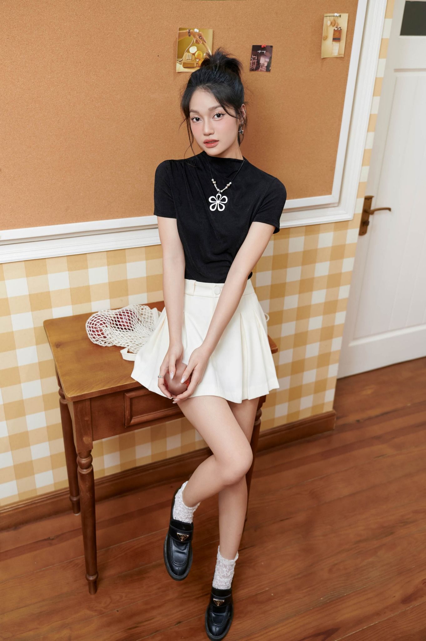 FAT3742 - Áo thun cao cấp vải len co giãn dáng ôm cổ cao vai nhún tạo kiểu - JAN.