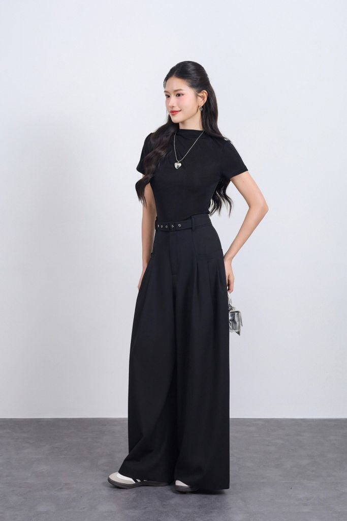 FQD51168 - Quần dài công sở vải tuyp xy dáng suông ống rộng phối ly bung tạo xoè kèm dây đai thắt eo - JAN.