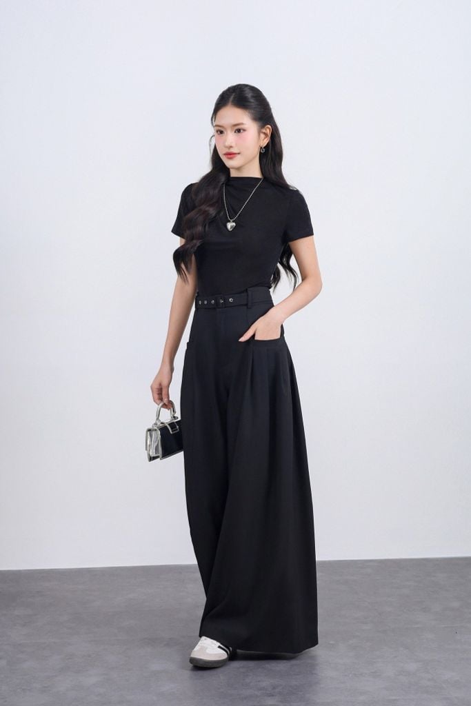 FQD51168 - Quần dài công sở vải tuyp xy dáng suông ống rộng phối ly bung tạo xoè kèm dây đai thắt eo - JAN.