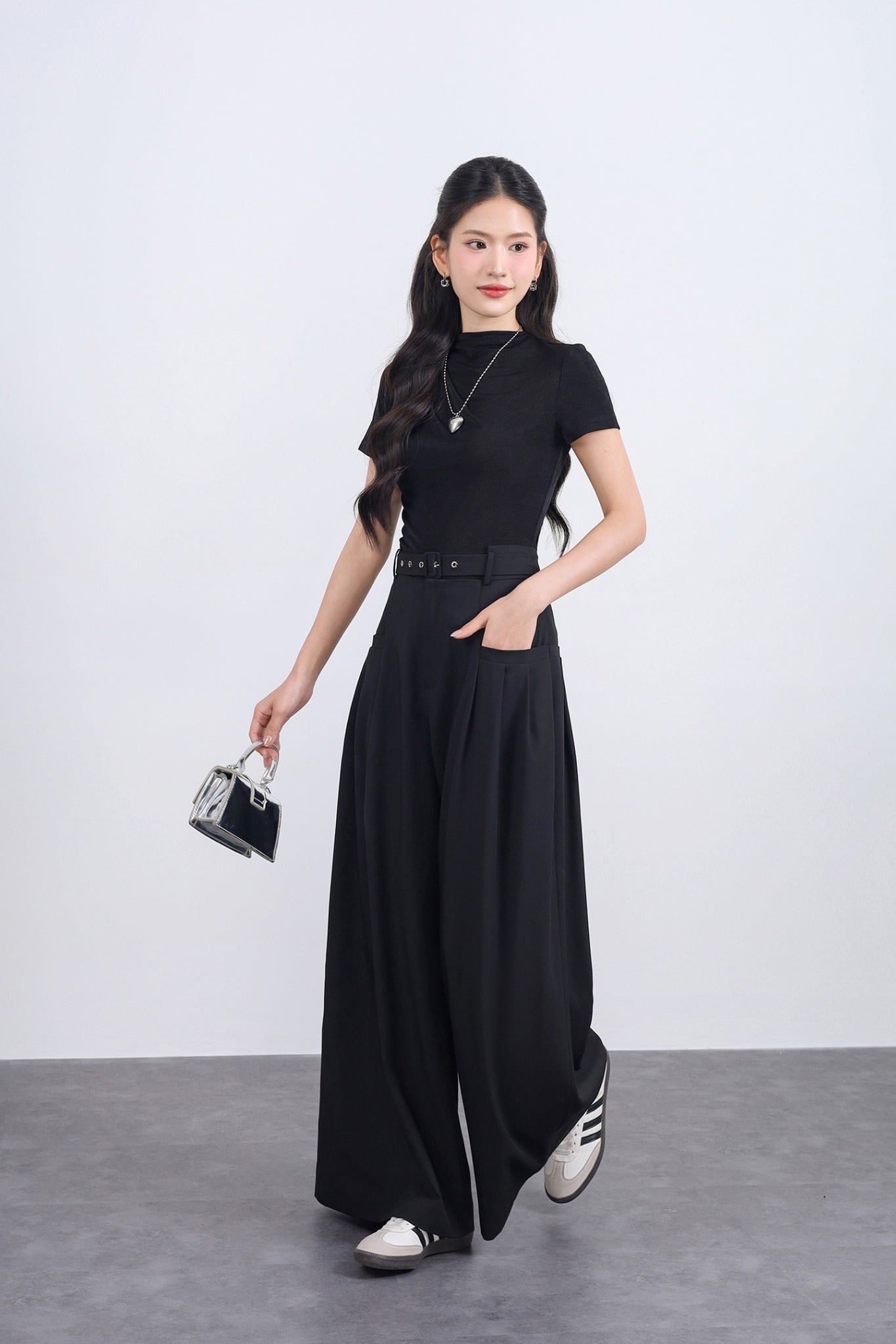 FQD51168 - tylekeo công sở vải tuytsi dáng suông ống rộng phối ly bung tạo xoè kèm dây đai thắt eo - JAN.